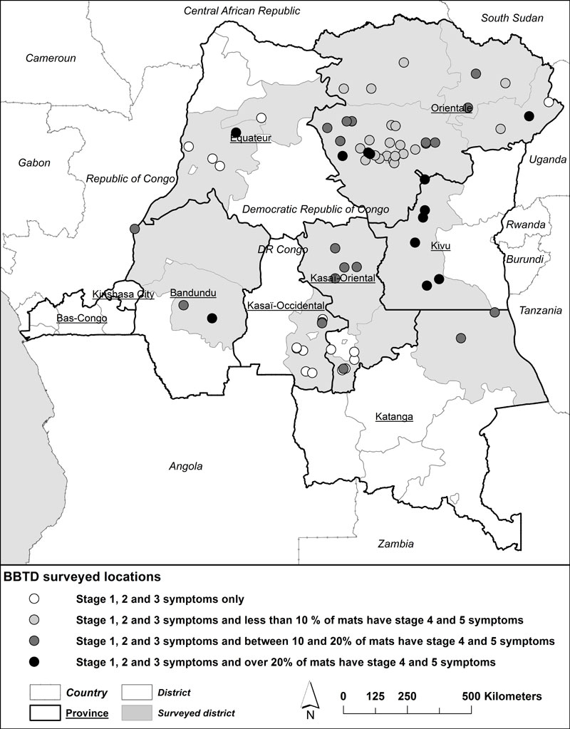 Map of banana bunchy top disease distribution in DR Congo